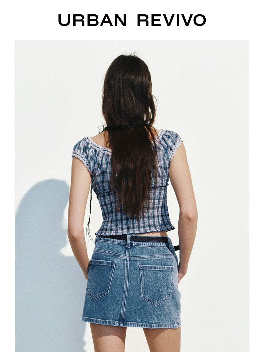 URBAN REVIVO Lace Fungus Edge Contrasting Plaid Blouse Shirt