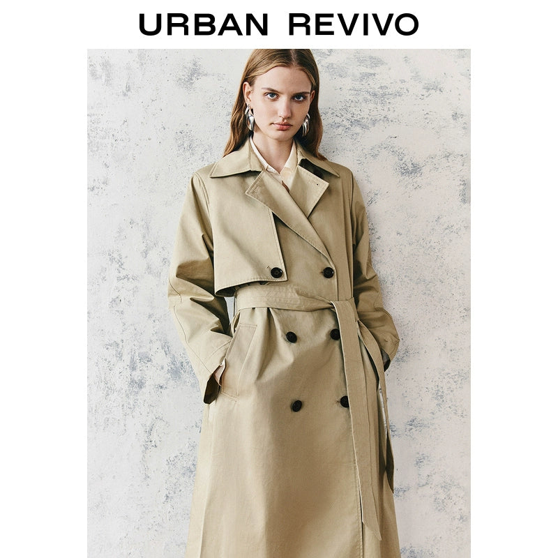 URBAN REVIVO Temperament British Style Double-breasted Waist Long Trench Coat