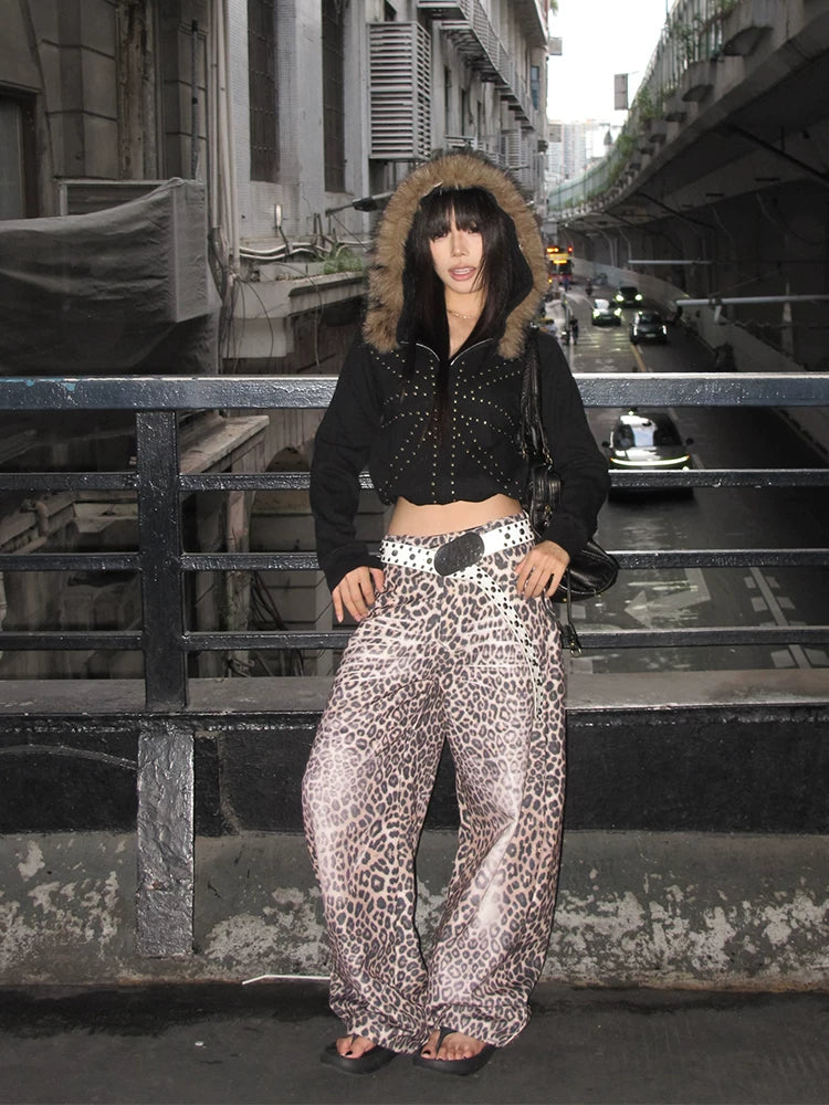 EAHO Fur Collar Rice Rivet Hooded Sweater