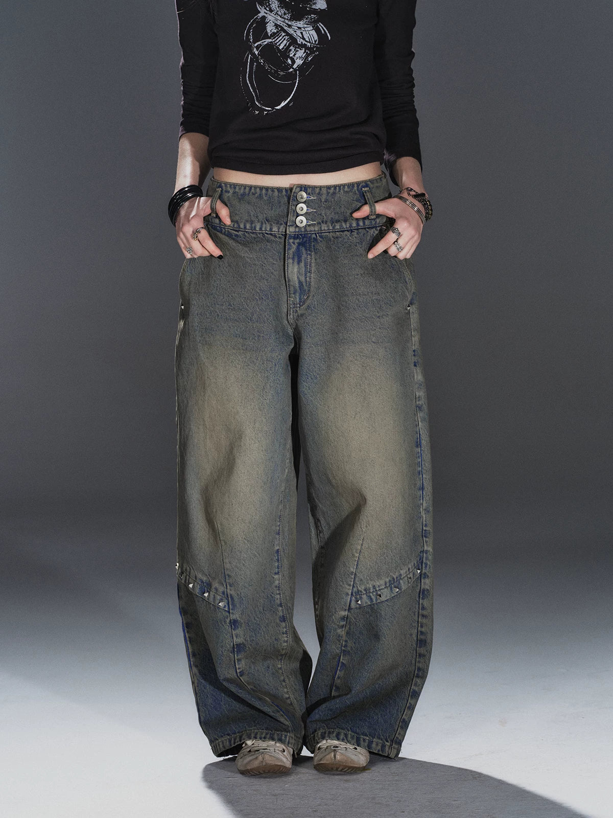 WearAndtear Distressed Riveted Wide-leg Jeans