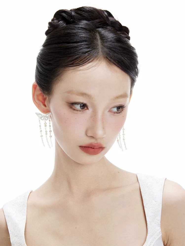 NO SOLUTION Pearl Tassel Butterfly Stud Earrings