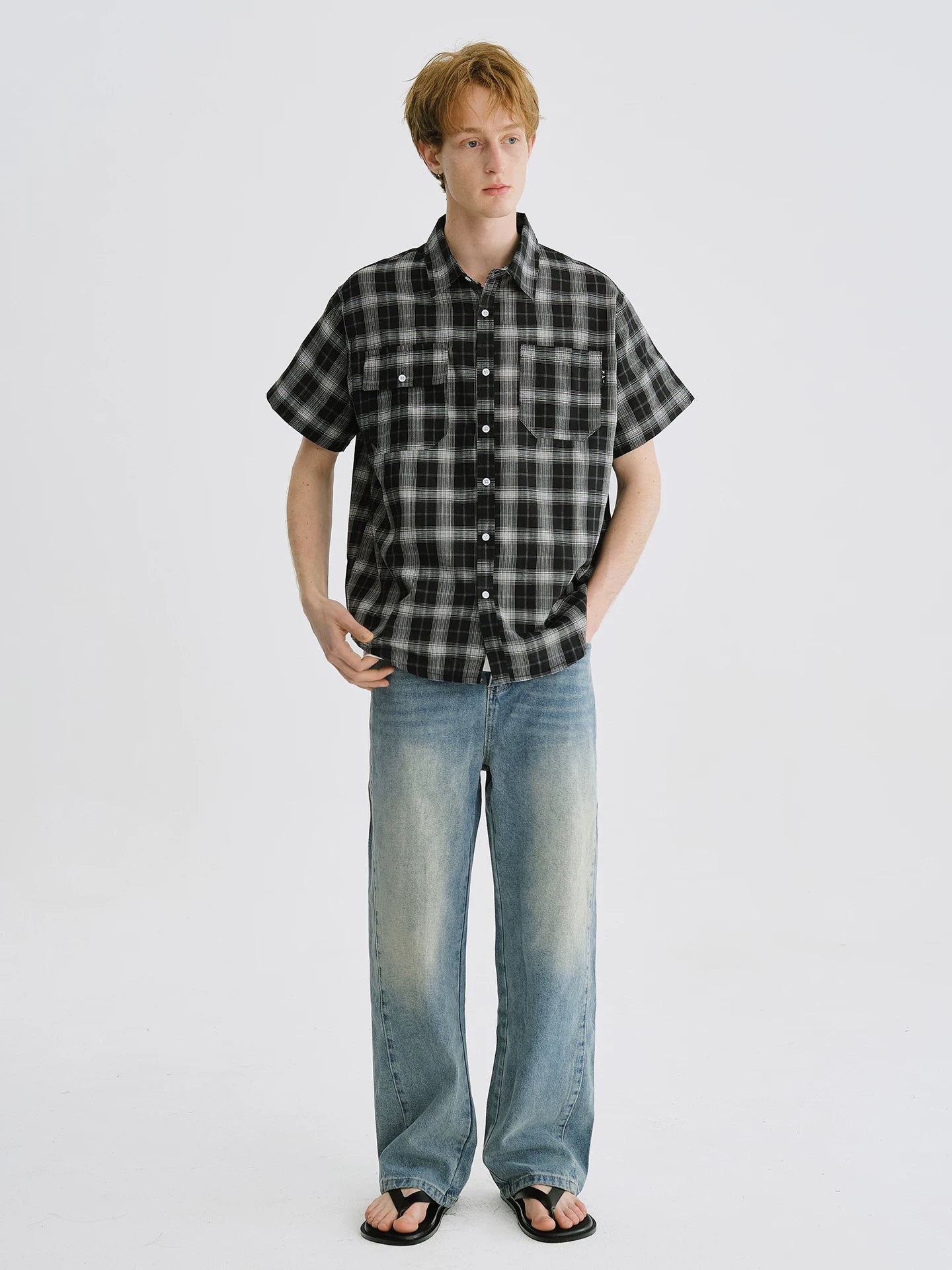 LIVINGTOWN Vintage Loose Casual Checked Short Sleeve Shirt