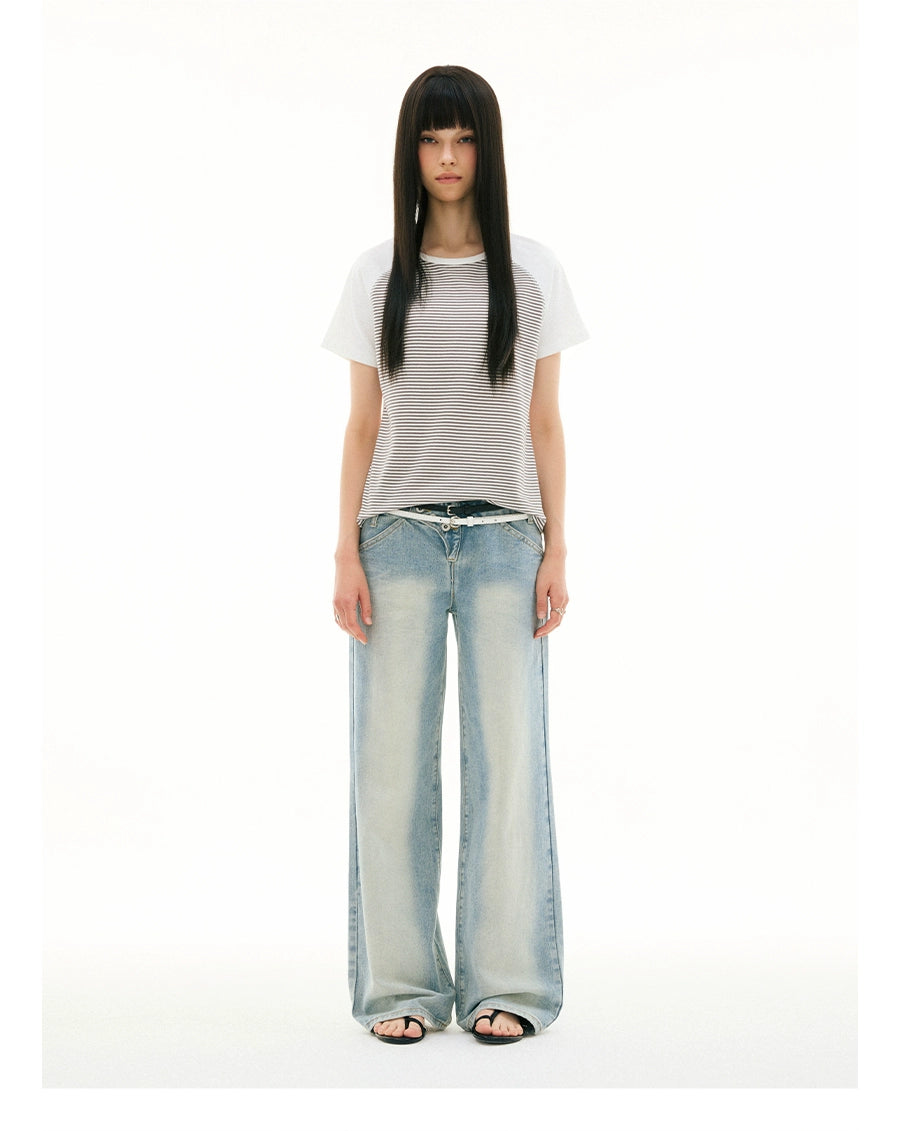 FUNKYFUN Pinstripe Contrasting Patchwork Shoulder Tee