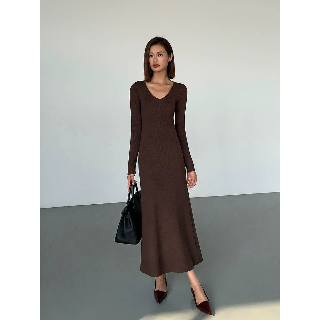 Ousph V Neck Temperament Knitted Waist Slim Dress
