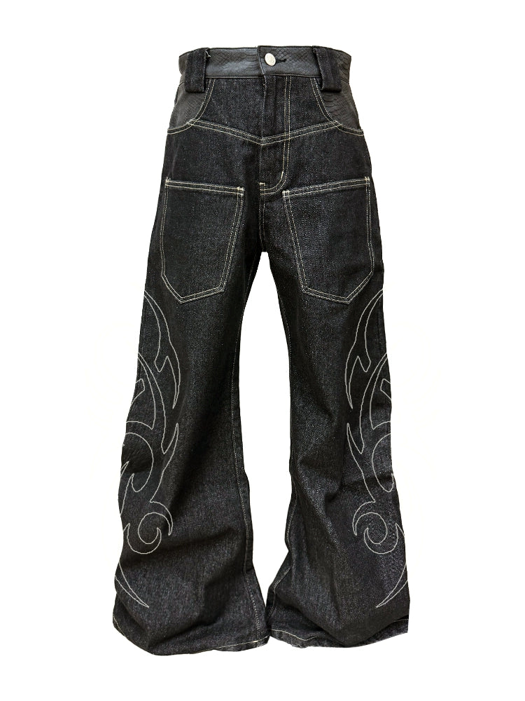 DETW 25ss * "Totem" original niche scimitar original cow snake pattern embroidery wide-footed commuter daily jeans