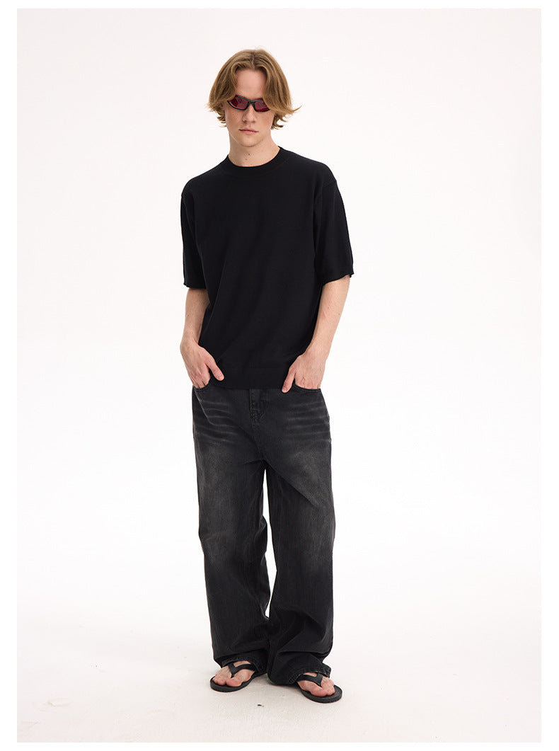 (Clearance) UNF 13.5oz Blockbuster Washed Old Cat Whiskers Baggy Bull Wide Leg Black Jeans