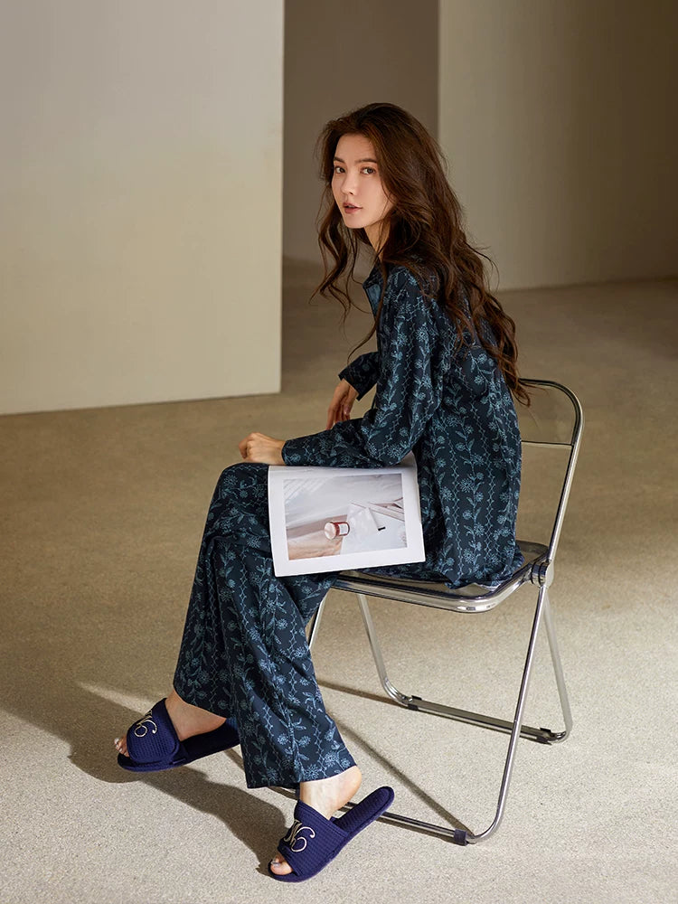 YUENEI Pure Cotton Loungewear Old Money Wind Long-sleeved Pajamas