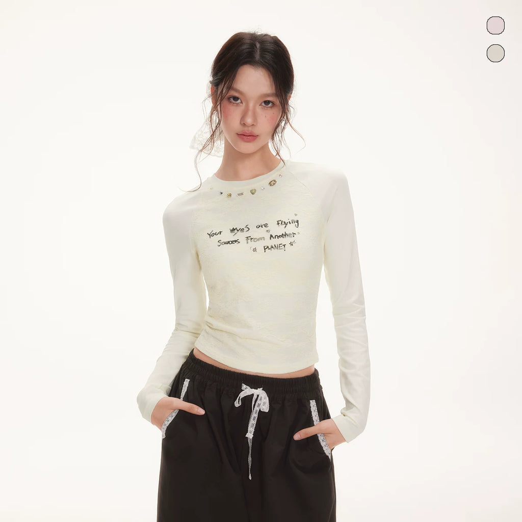 IMONE Letter Print Crew Neck Slim Sleeve