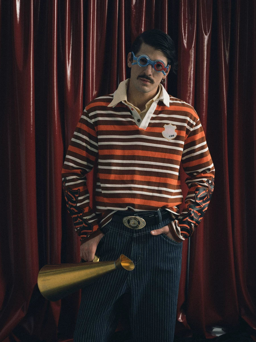 TREclub Vintage Striped Embroidered Epaulettes Polo Shirt Long Sleeve