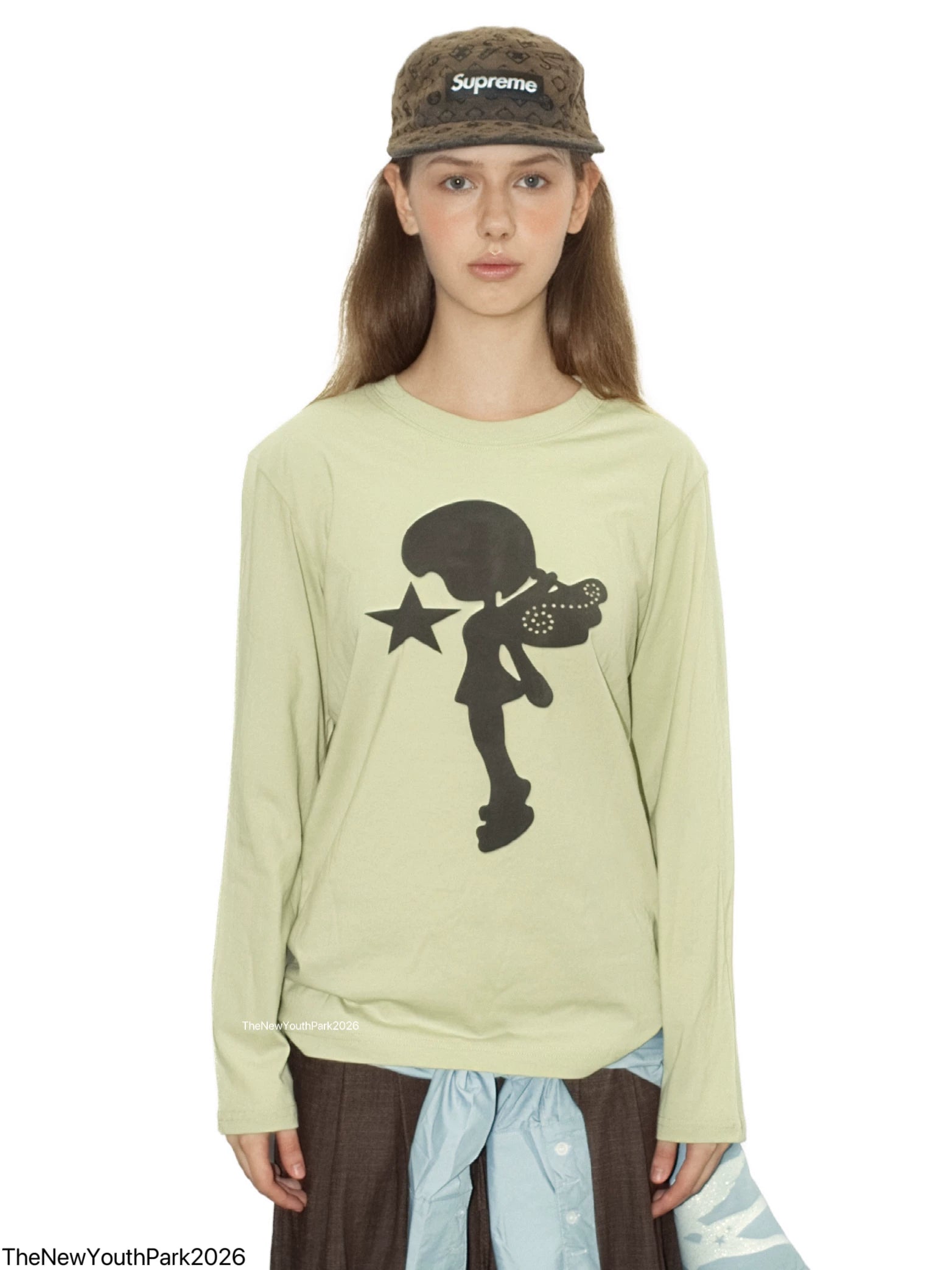 TheNewYouthPark Front Shoulder Slim Fit Star Girl Print Long Sleeve