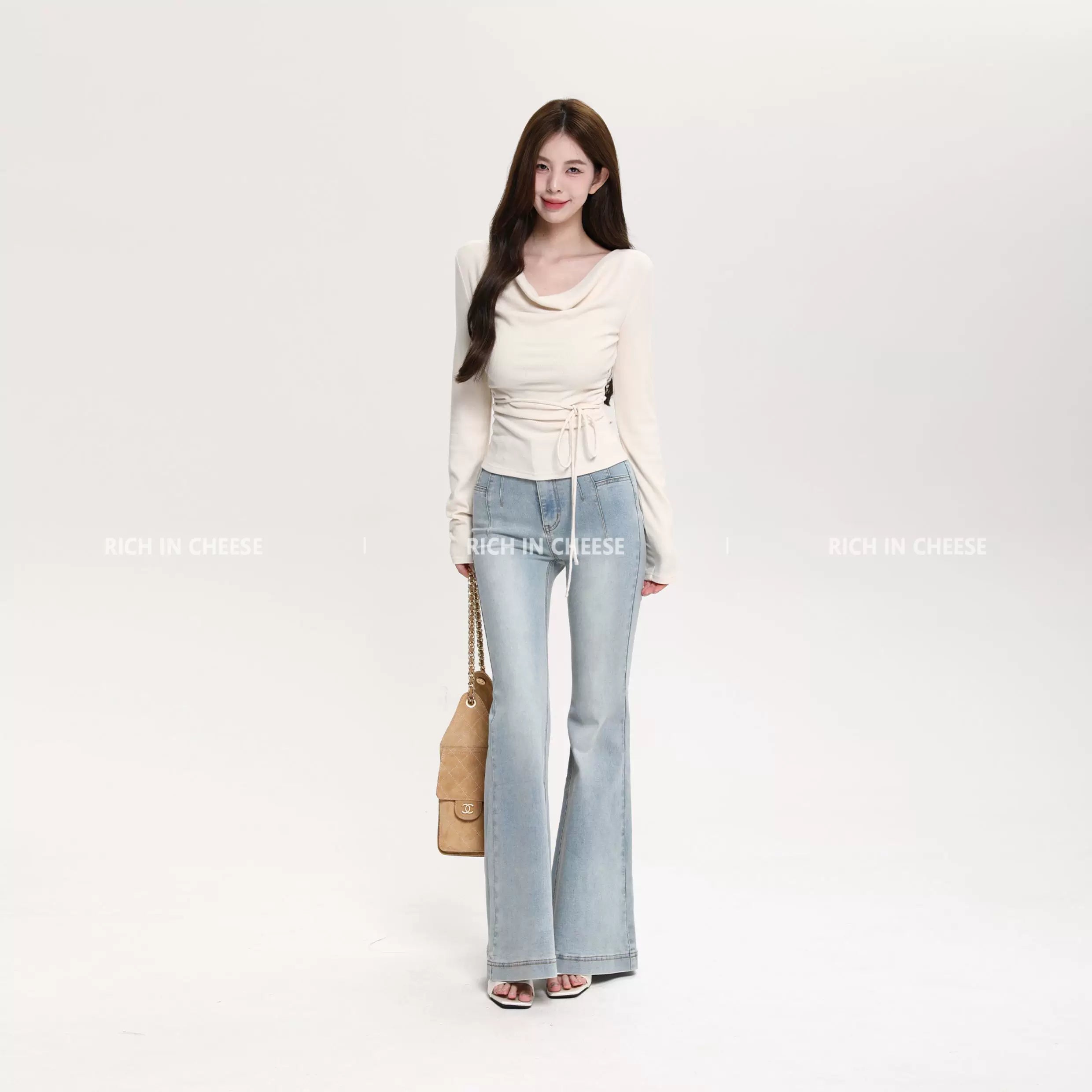 RICH IN CHEESE Waist Fold Temperament Swing Neck Long Sleeve