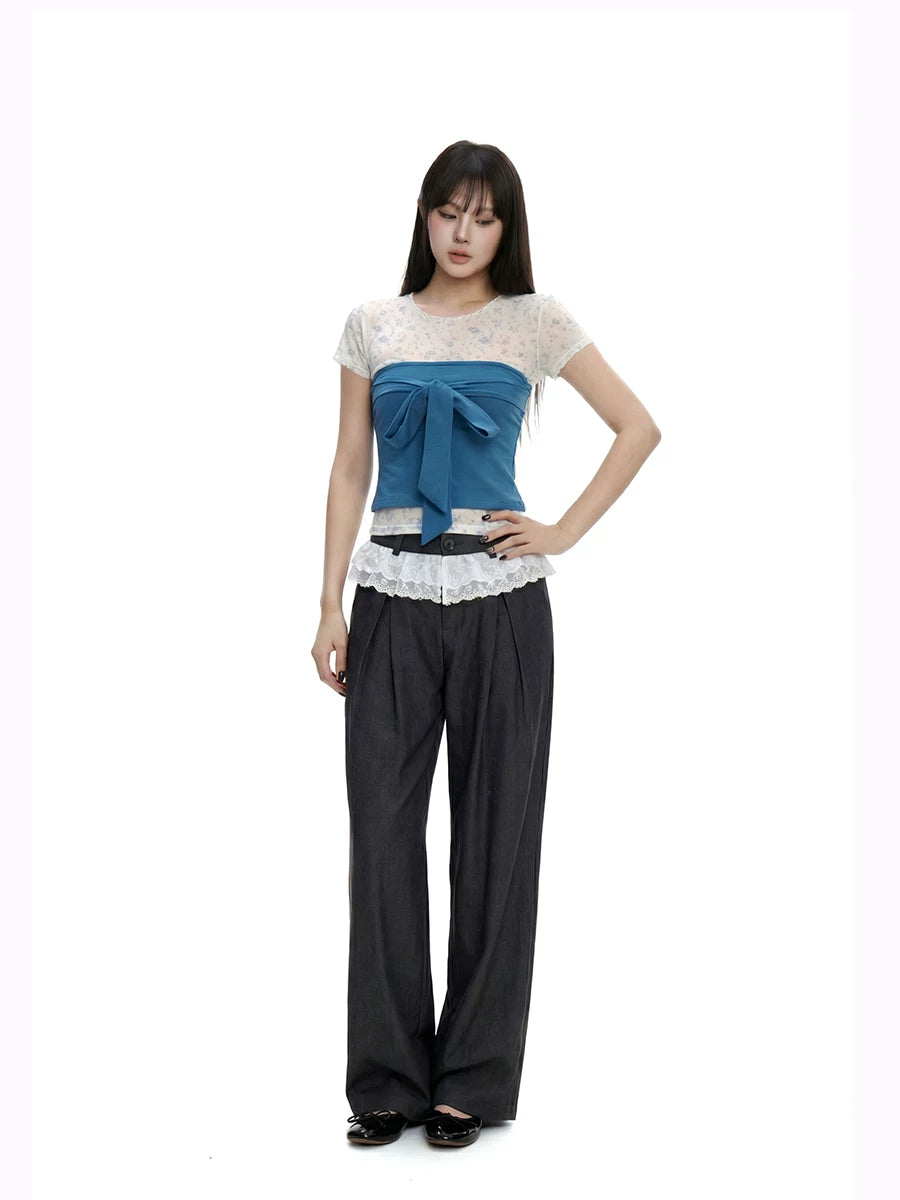 WITHMIN Bow Tube Top Small Floral T-shirt Two-piece Set