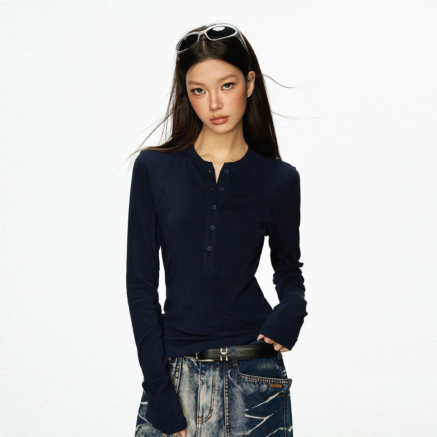 Cherry Melody Henry Collar Button Versatile Primer Long Sleeve