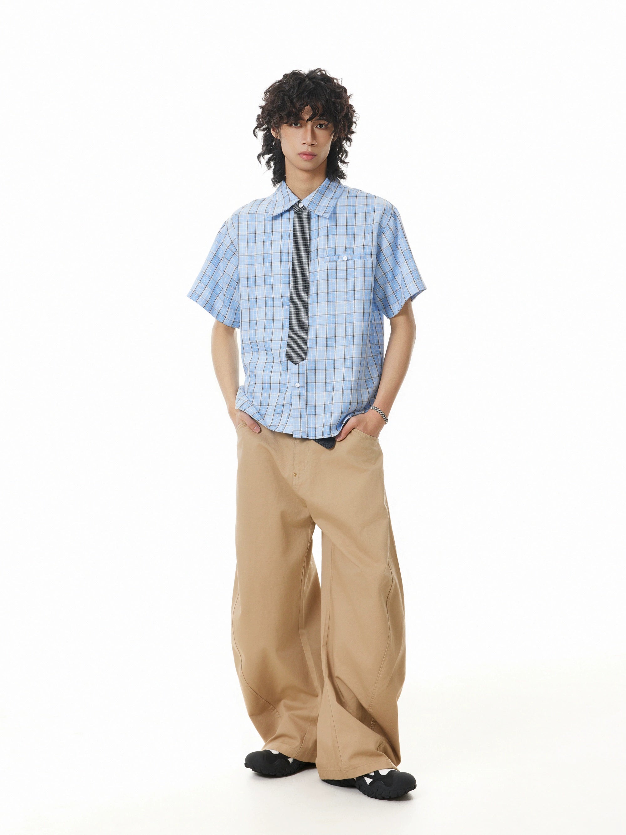 BTSG Detachable Tie Plaid Short Sleeve Shirt
