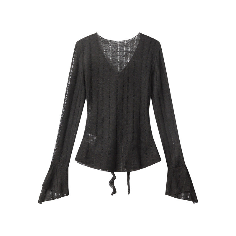 Nariele Hot Girls V-neck T-shirt Lace Sexy Long Sleeve Hollow Tops