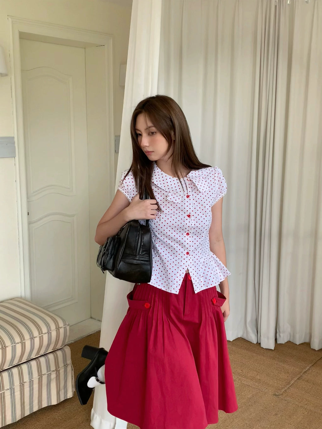 LOST FOREST Asymmetrical Lotus Leaf Polka Dot Shirt Tee