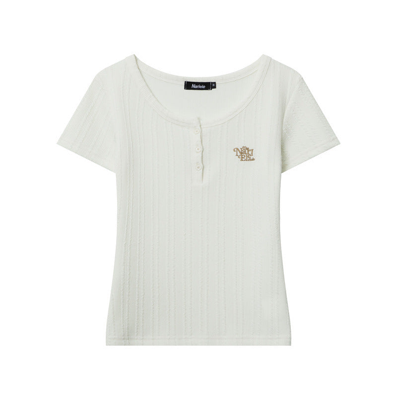 Nariele Embroidered Round Neck Breasted Slim-fitting Short Tee