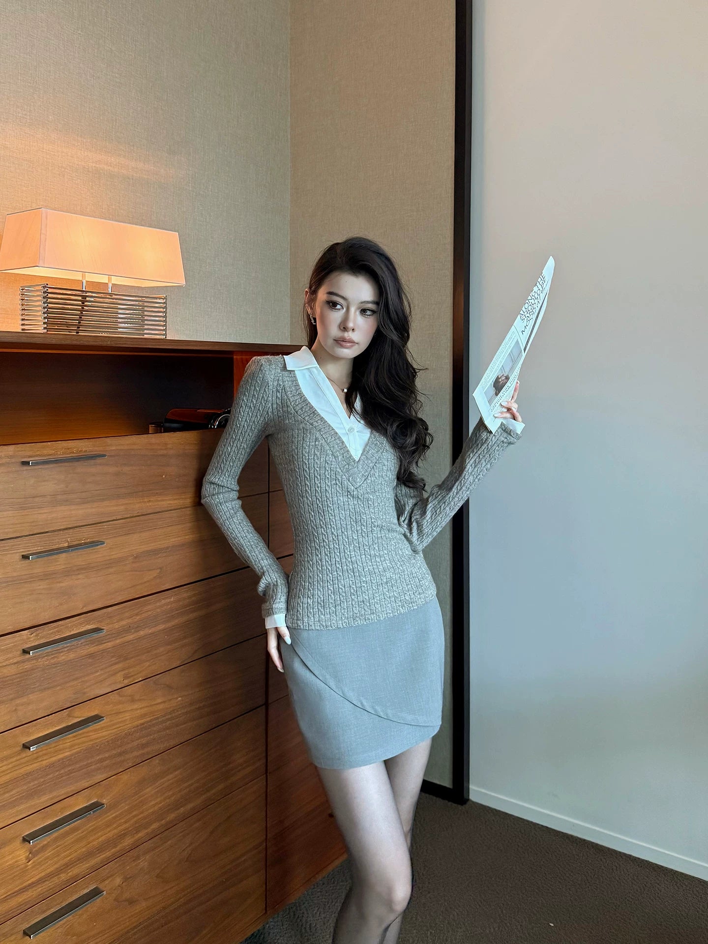 LLROGE Wool Stitching Fake Two-piece Shirt Skirt Set