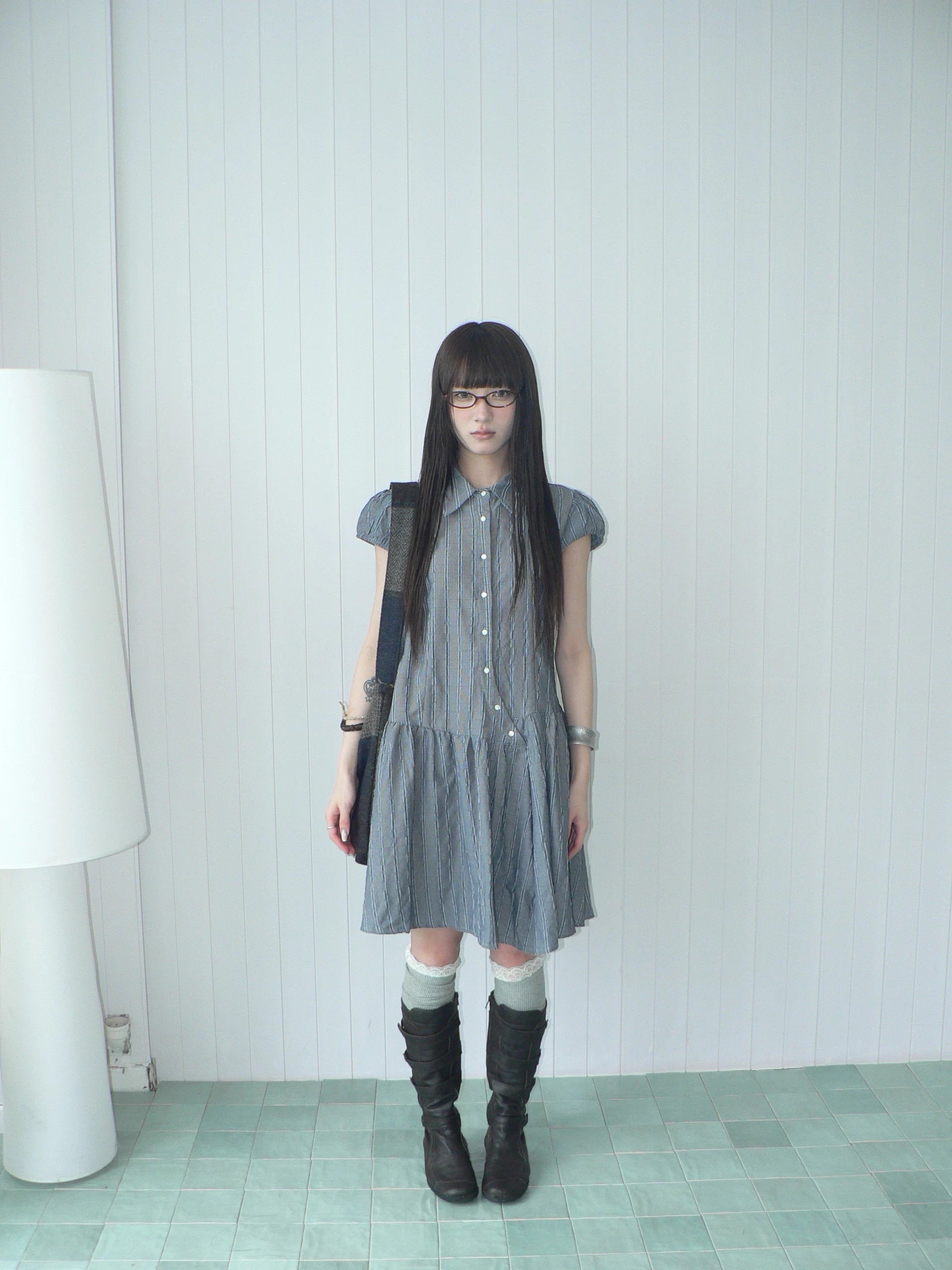 Ang: Project Vertical Striped Bubble Sleeve Lapel Dress
