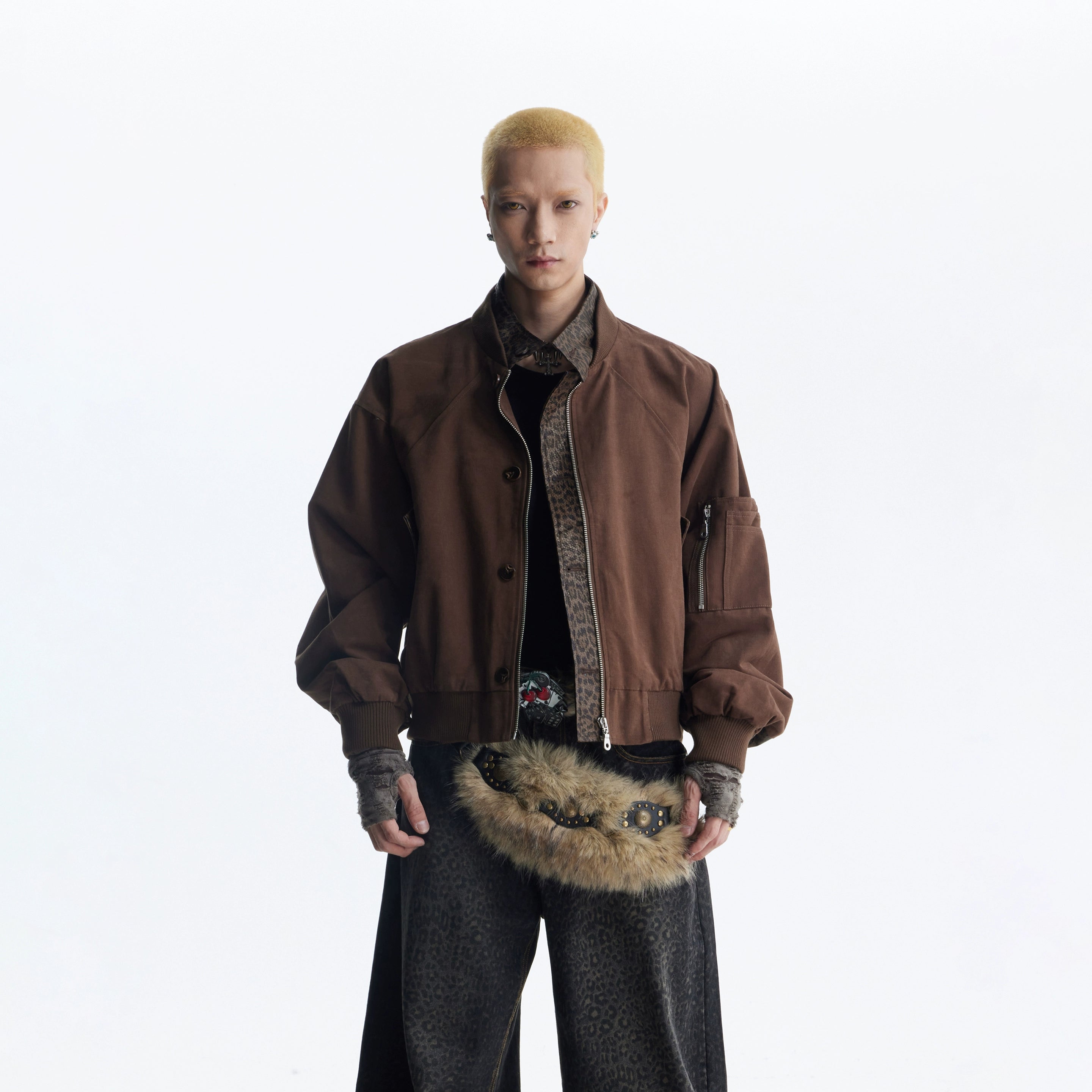 NOMANIAI Leopard Print Leather Fake Two-piece Zipper Baseball Collar Zipper Jacket