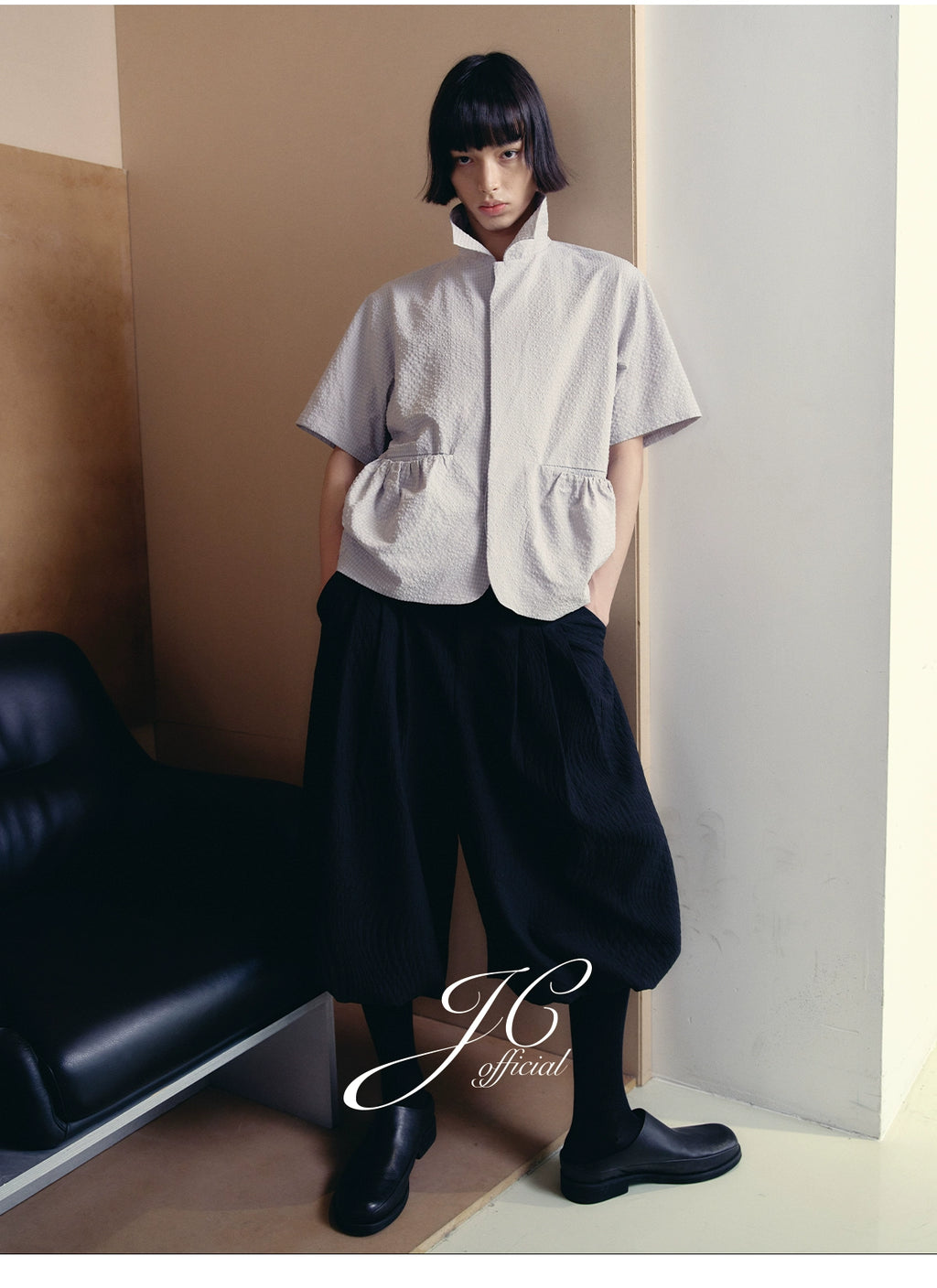 JCAESAR SHIRT Bubble Pleated Drawstring Shirt
