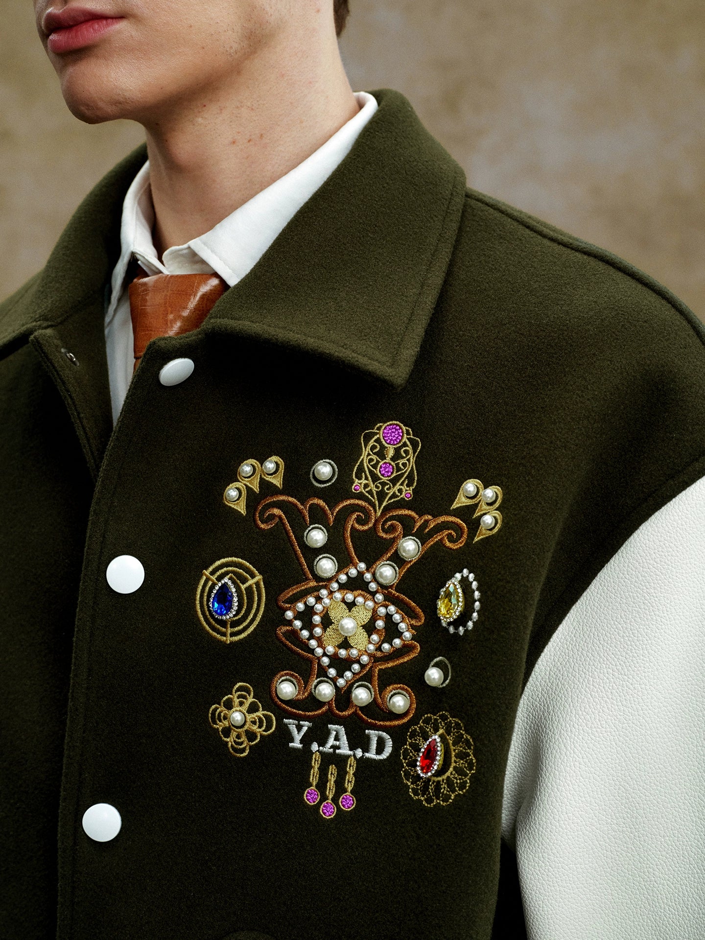 YADcrew Vintage Colorful Jewel Cross Lapel Baseball Jacket