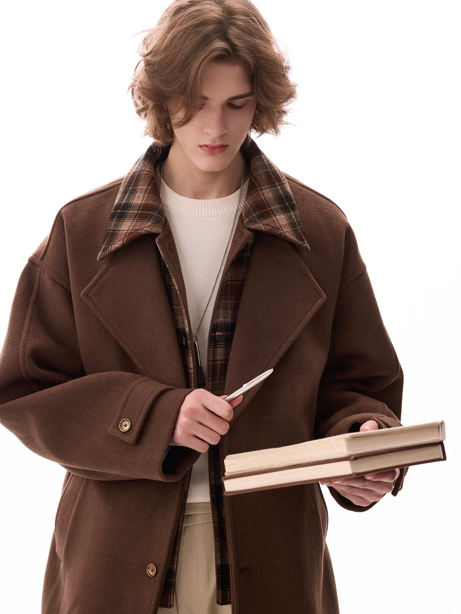 CHOR Casual Plaid Stitching Fake Two-piece Woolen Jacket