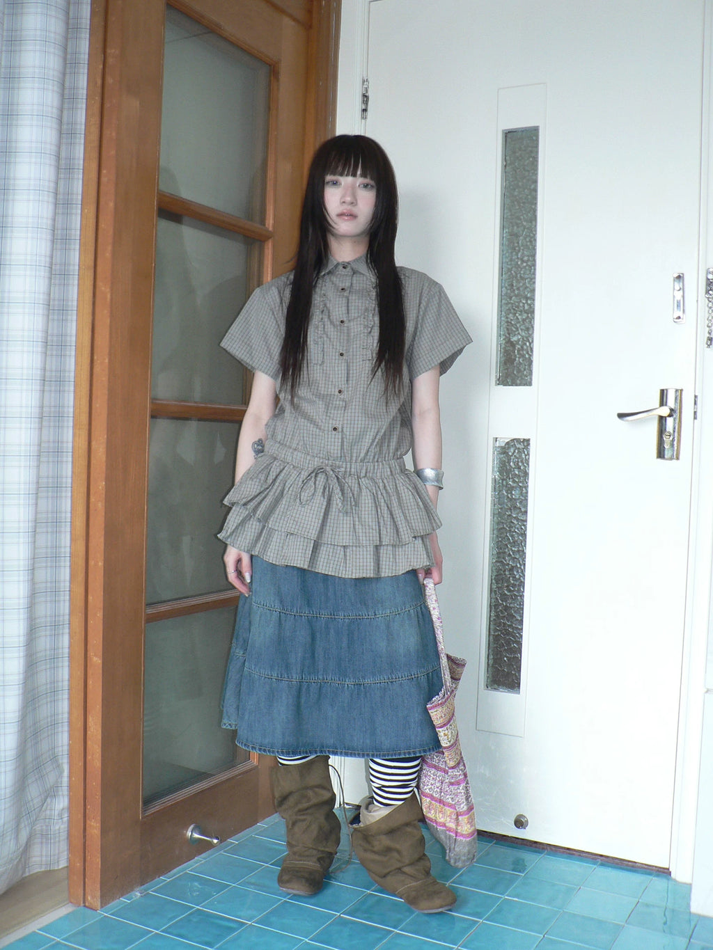 ANG: Project Plaid Fungus Edge Splicing Double-layer Waist Thin Shirt