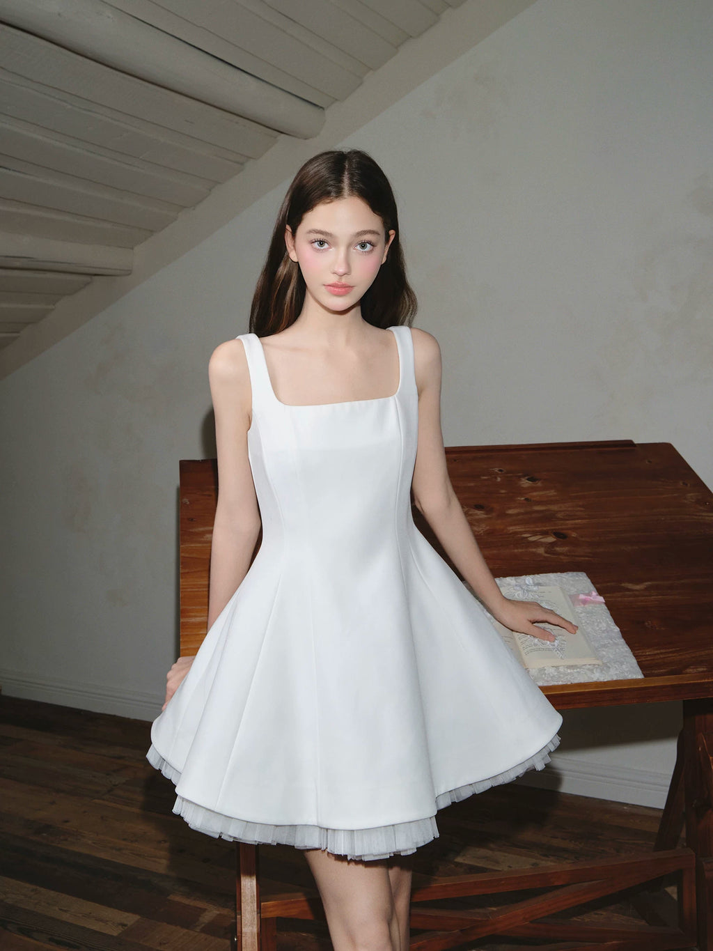 Avenement Square Neck Stitching Mesh Sleeveless Dress