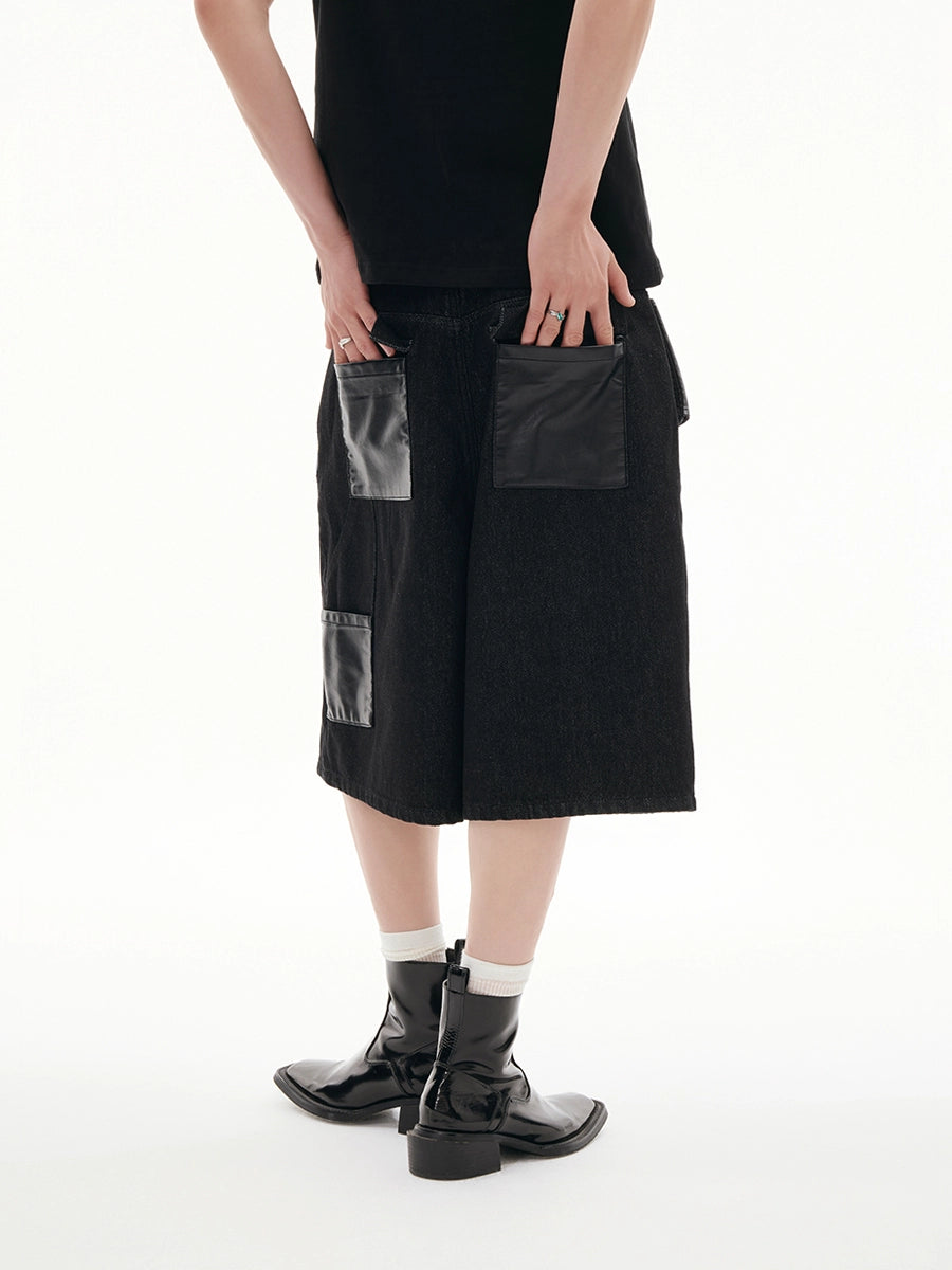 FUNKYFUN Splicing Loose Wide Seven-Point Jeans