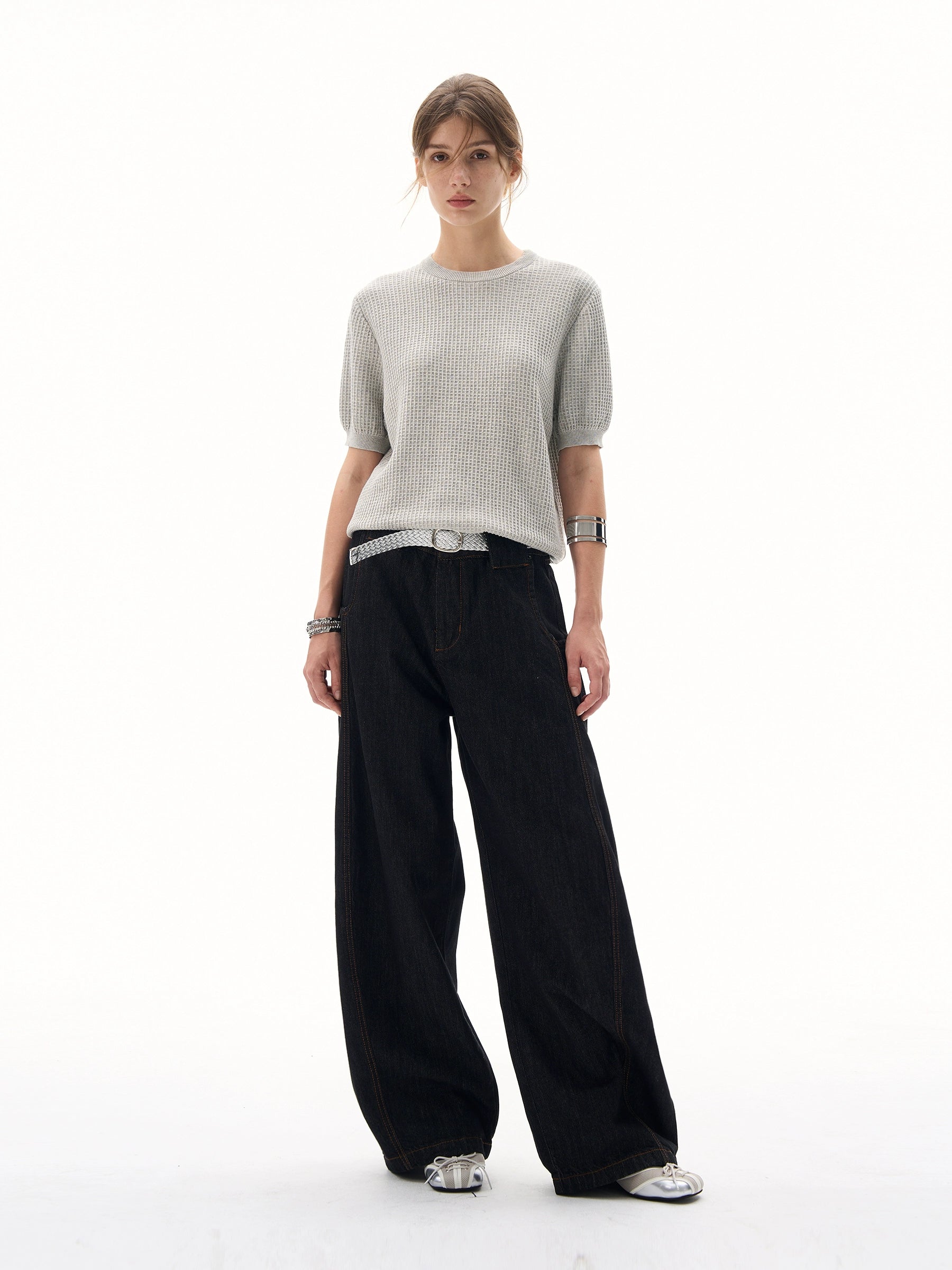 MADWITCH Simple Texture Waffle Knitting Tee