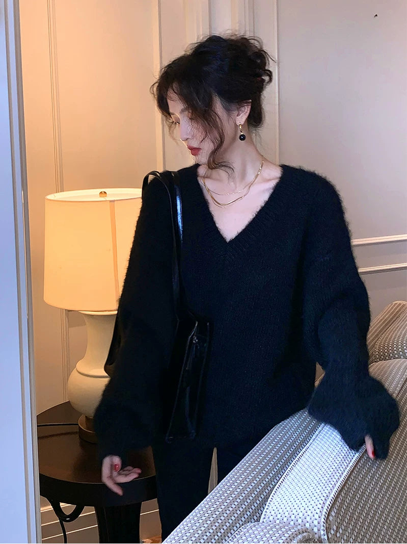 KELIFAN Lazy V-neck Sweater High Waist Micro-pull Jeans Set