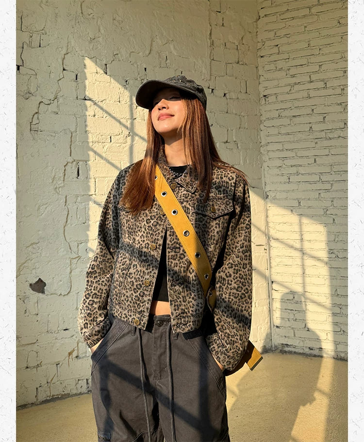 CCYE Retro Leopard Print Front Shoulder Denim Jacket