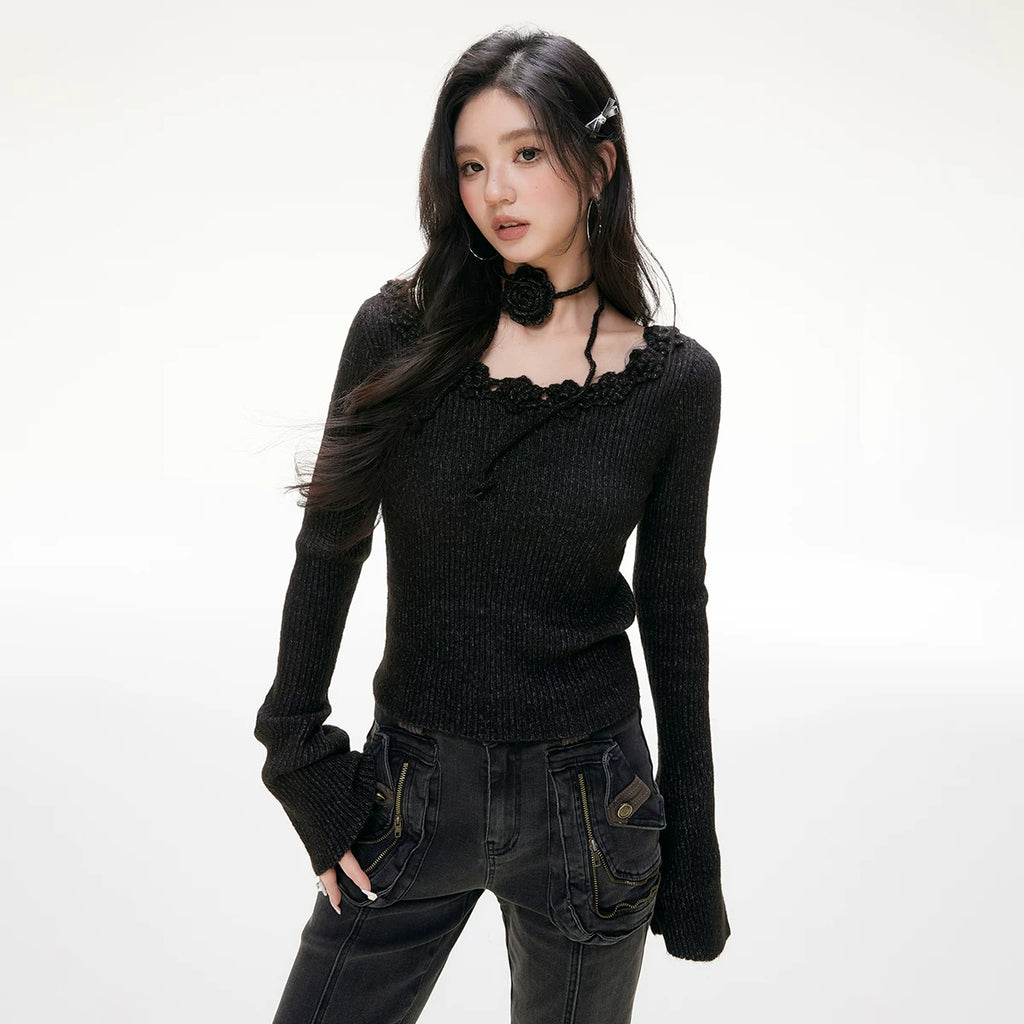 Imone U Neckline Three-dimensional Rose Decorative Long Sleeve