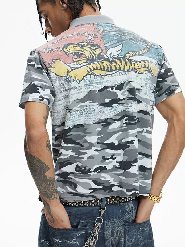 DND4DES Flying Tiger Printed Patch Splicing Camouflage POLO Shirt