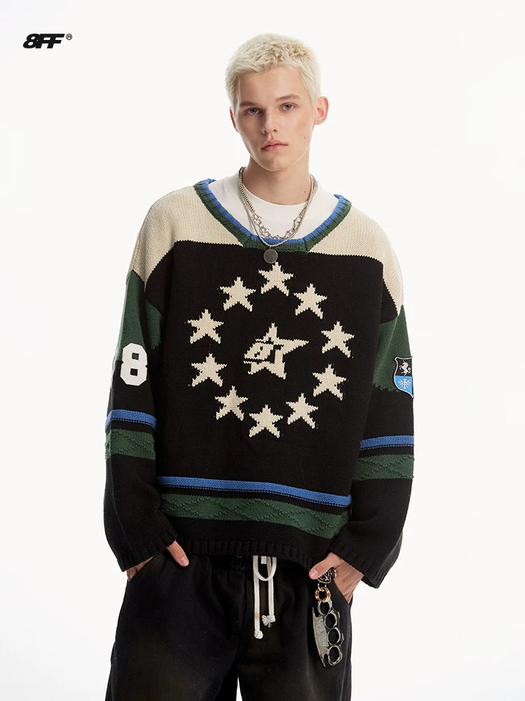 8FF Vintage Contrast Badge Star Embroidered Knitted Sweater