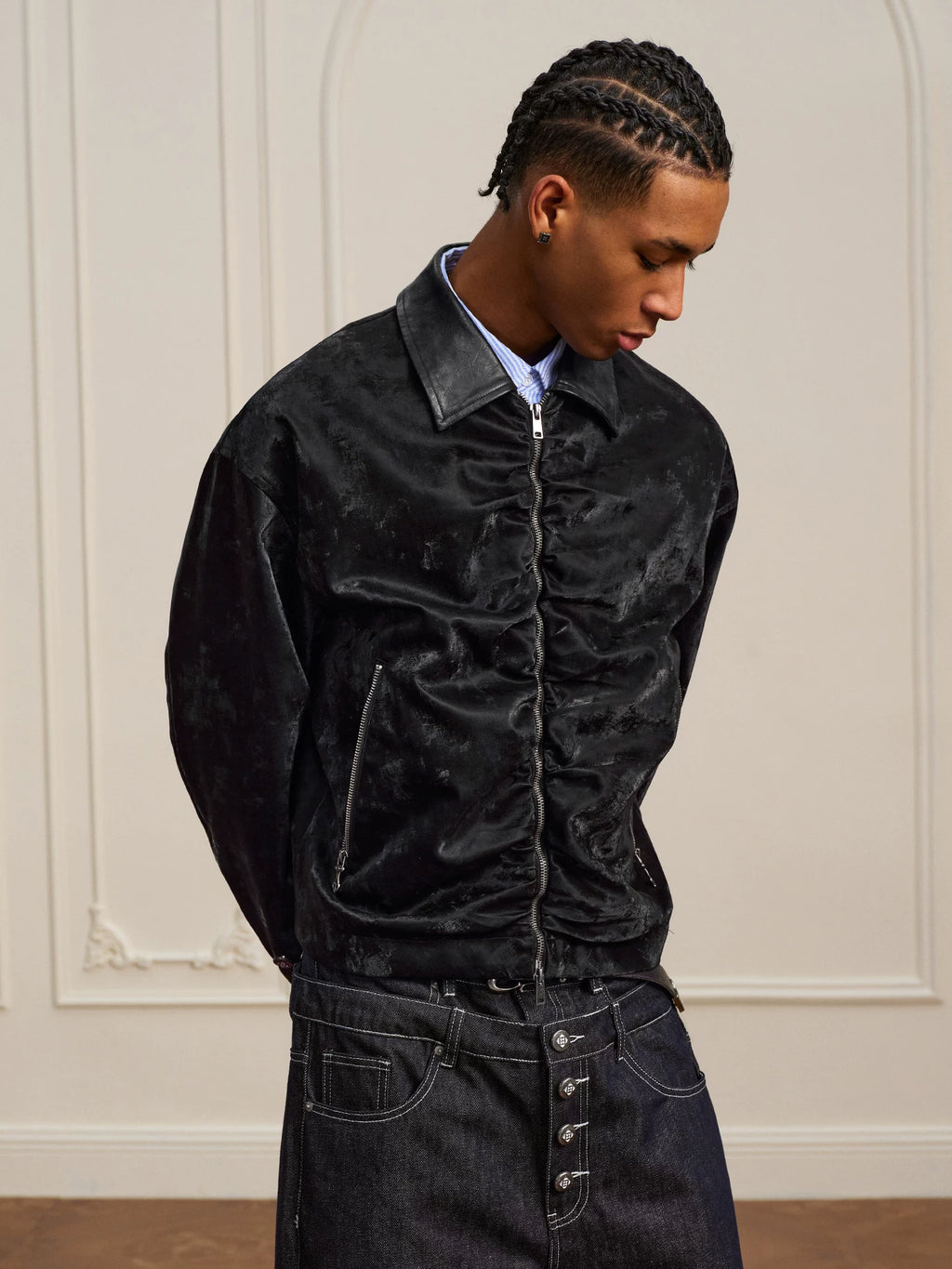 YADcrew Real Sheepskin Collar Pleated Velvet Leather Lapel Jacket