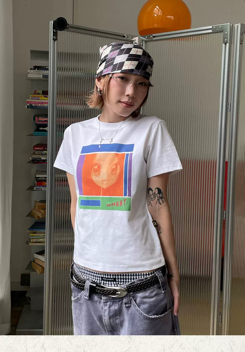 MMBBT Anime Girl Print Shoulder Skinny Casual Tee