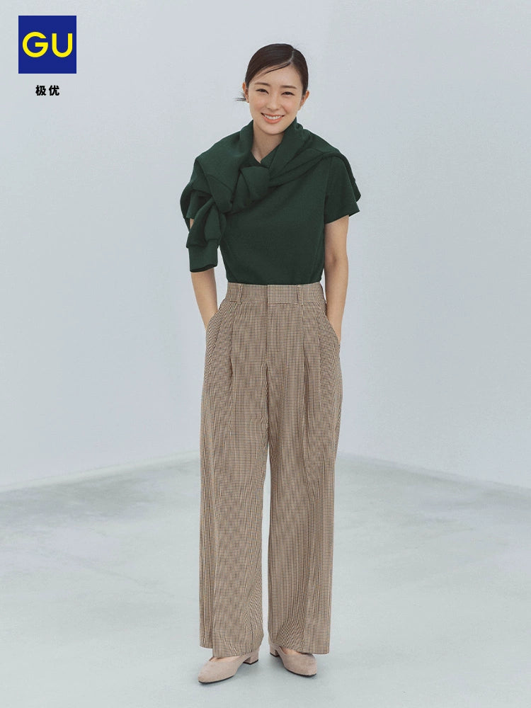 GU Pleated Loose Casual Retro Casual Plaid Pants