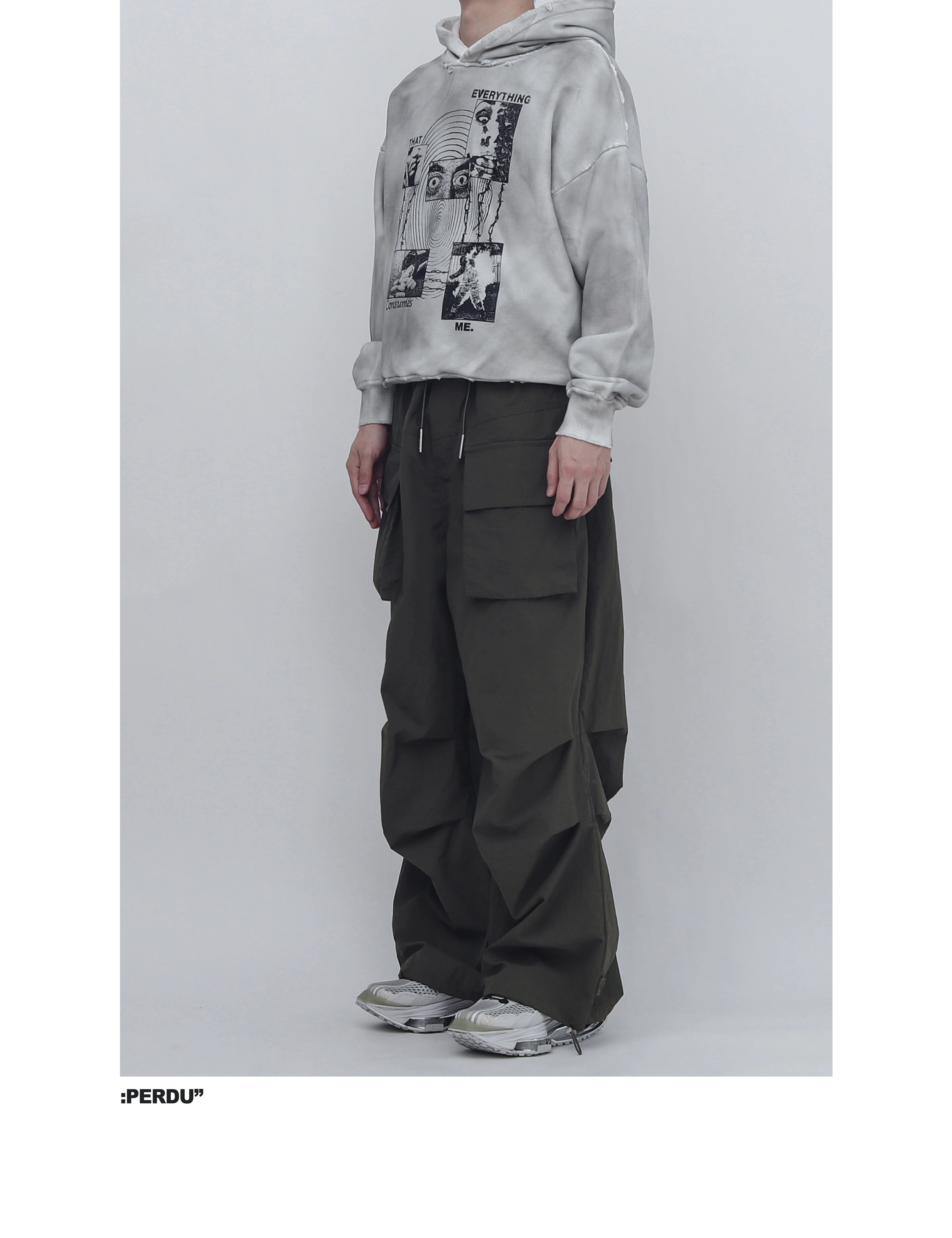 PERDU Dirty Dye Old Wash Water Damage Print Hooded Sweater