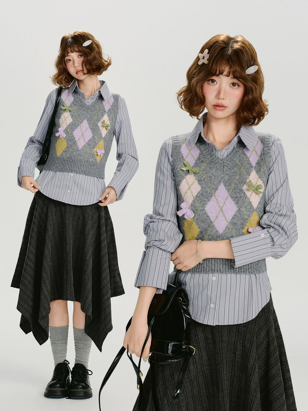 Girlyhalo Vintage Rhombus Bow V-Neck Vest