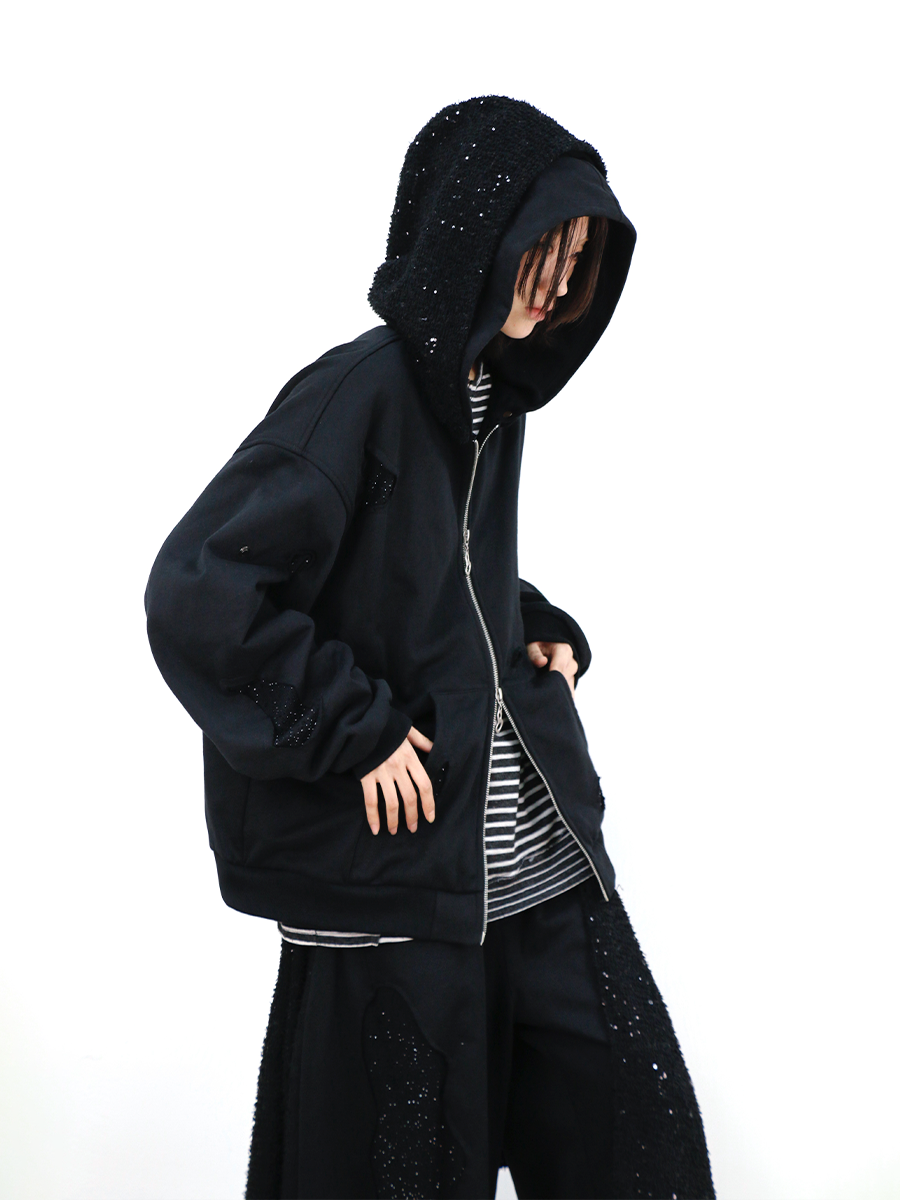RELABEL Removable Double Hat Loose Double Zipper Sweater
