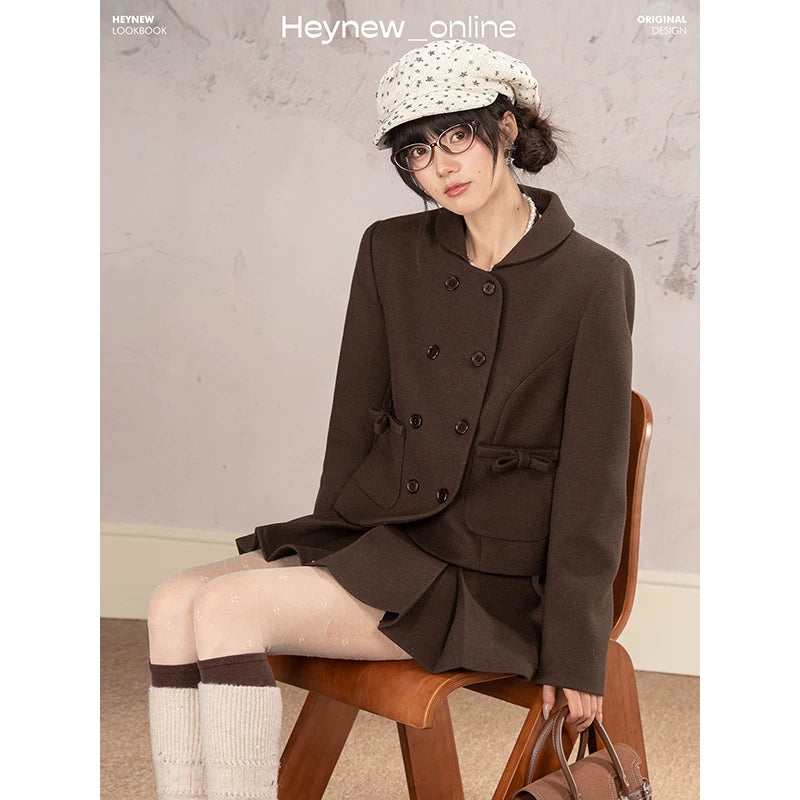 HEYNEW Maillard College Style Coat Pleated Skirt