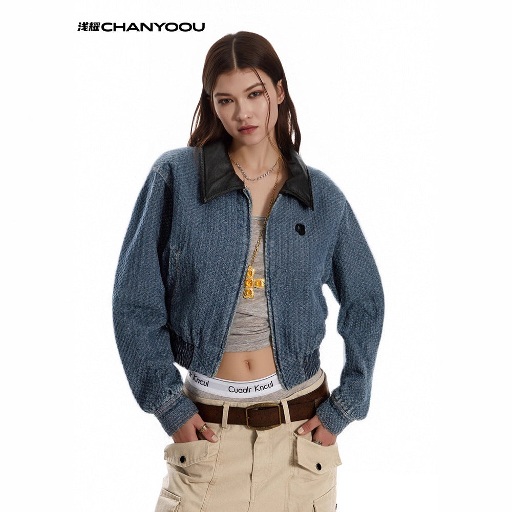 CHANYOOU Retro Contrasting Lapel PU Leather Denim Jacket