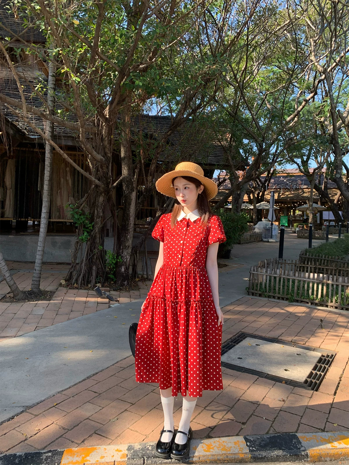 MUCHA Lapel Waist Thin Polka Dot Dress