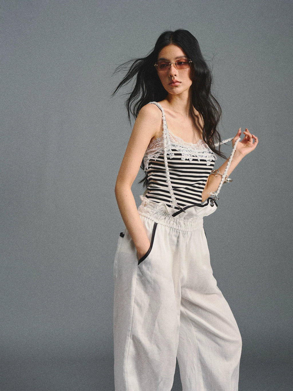 AGAM Vintage Striped Skinny Strap Lace Edge Sling