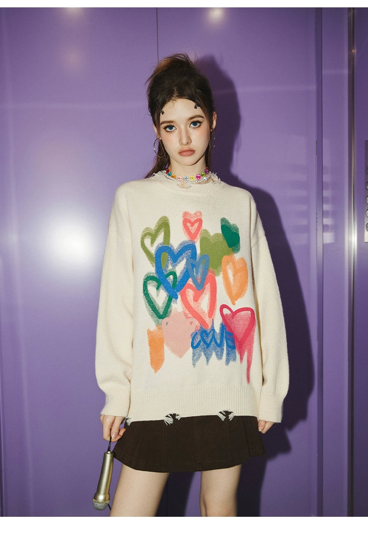 UNIFREE Lazy Style Crew Neck Thickened Ripped Knitted Sweater