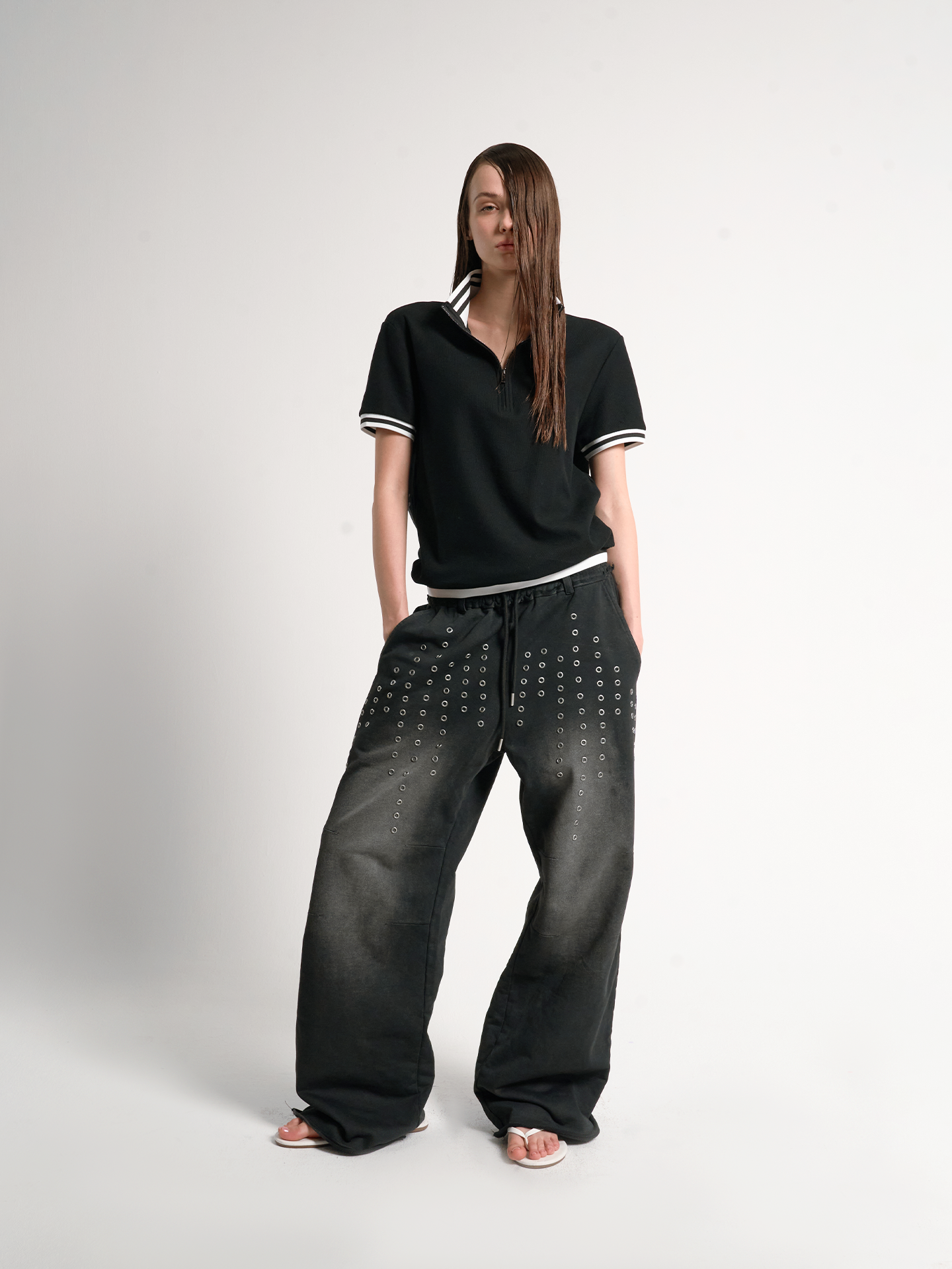 noEmosen hollow rivet plain silver wash baggy sweatpants