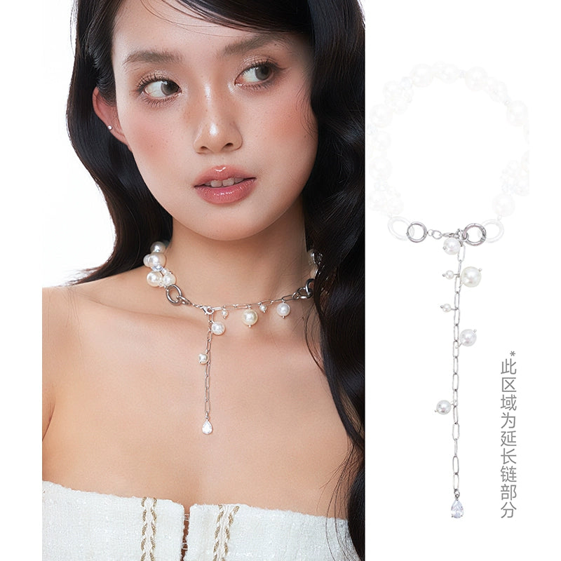 ParanoidP Temperament Light Luxury Bow Silk Scarf Pearl Necklace