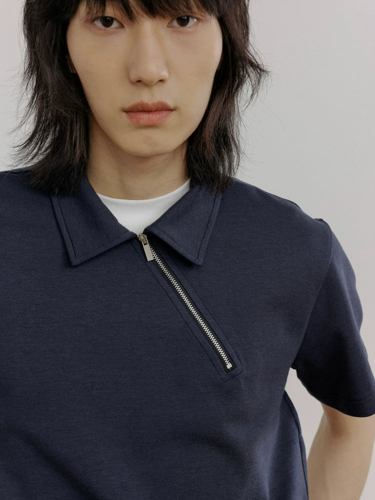 COLN Oblique Zipper Semi-open Neck Short-sleeved Polo Shirt